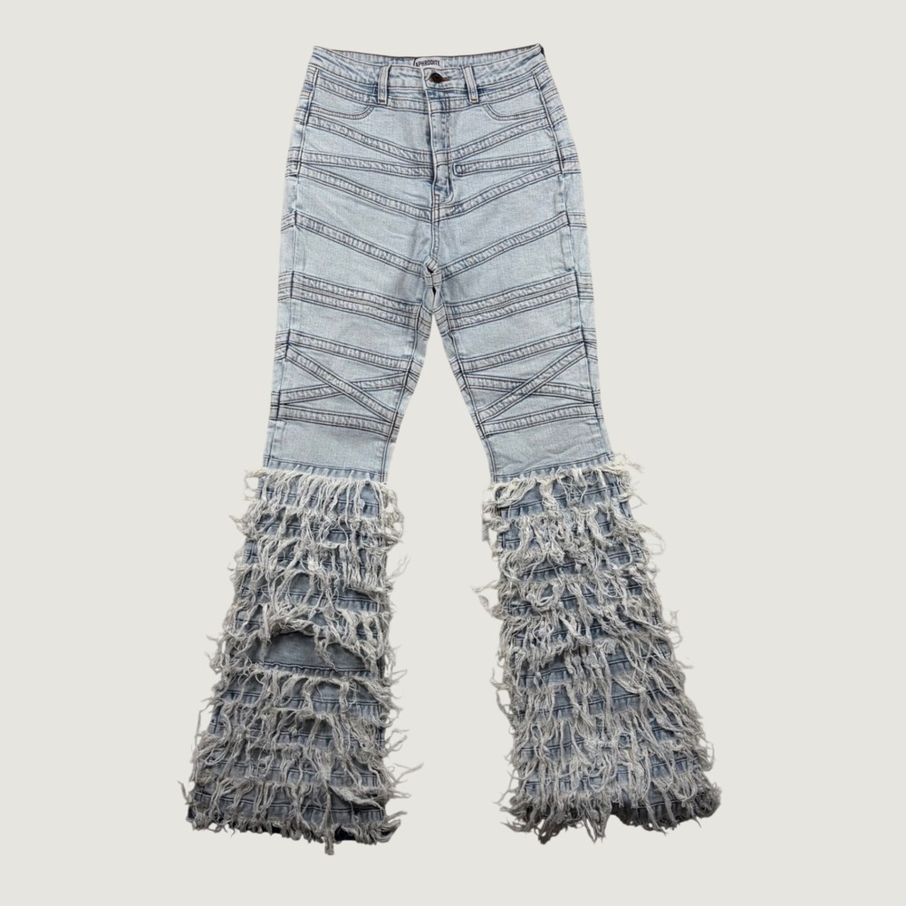 Aphrodite Me and You Fringe Flare High Rise Jeans Shaggy 11 30x33 Festival Boho